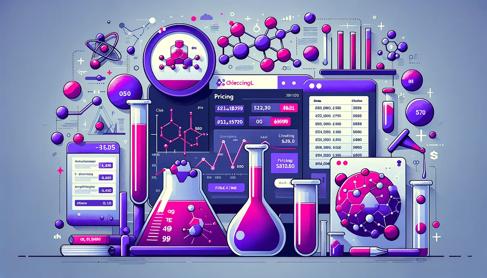 Illustration: chemical lab equipment, molecules and pricing dashboards in ChemPX purple and magenta